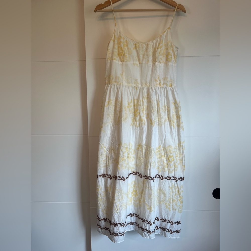 LOFT White Maxi Dress with Yellow Floral and Brown Trim